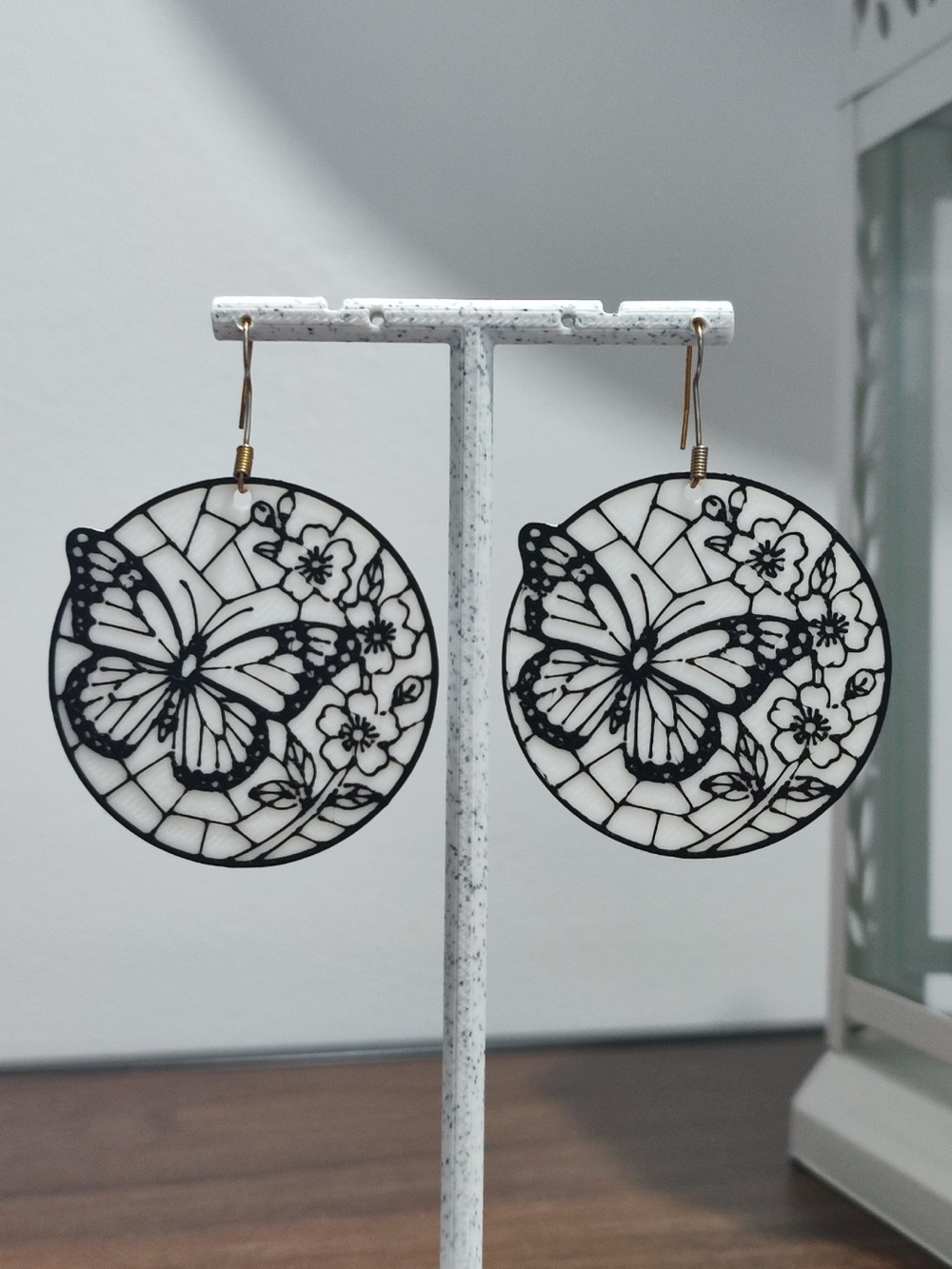 Butterfly Floral Black and White Drop Earrings
